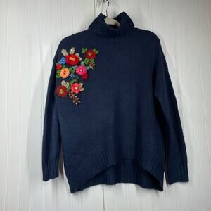 Lord & Taylor Women's Floral Print Navy Blue Turtle Neck Pullover Sweater XS